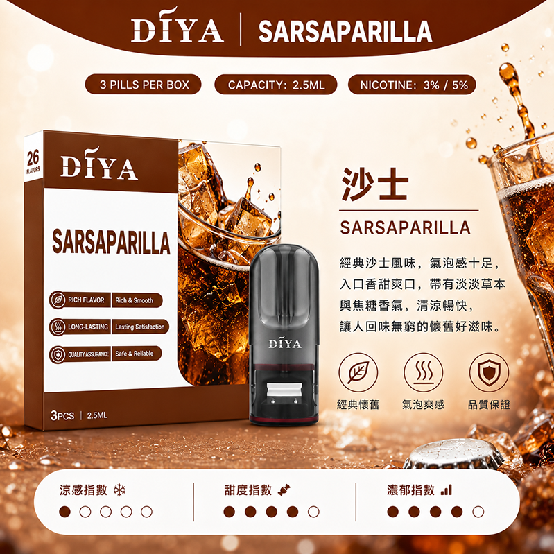 DIYA電子煙煙彈｜2.5ml*3Pod｜3%濃度｜適配一代｜防漏透明｜口味-沙士