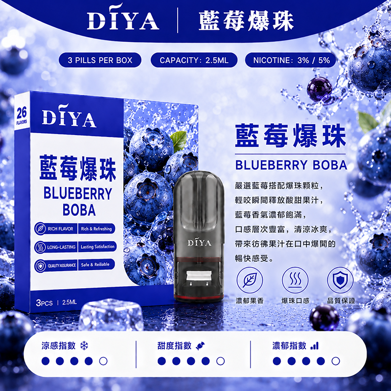 DIYA電子煙煙彈｜2.5ml*3Pod｜3%濃度｜適配一代｜防漏透明｜口味-藍莓爆珠