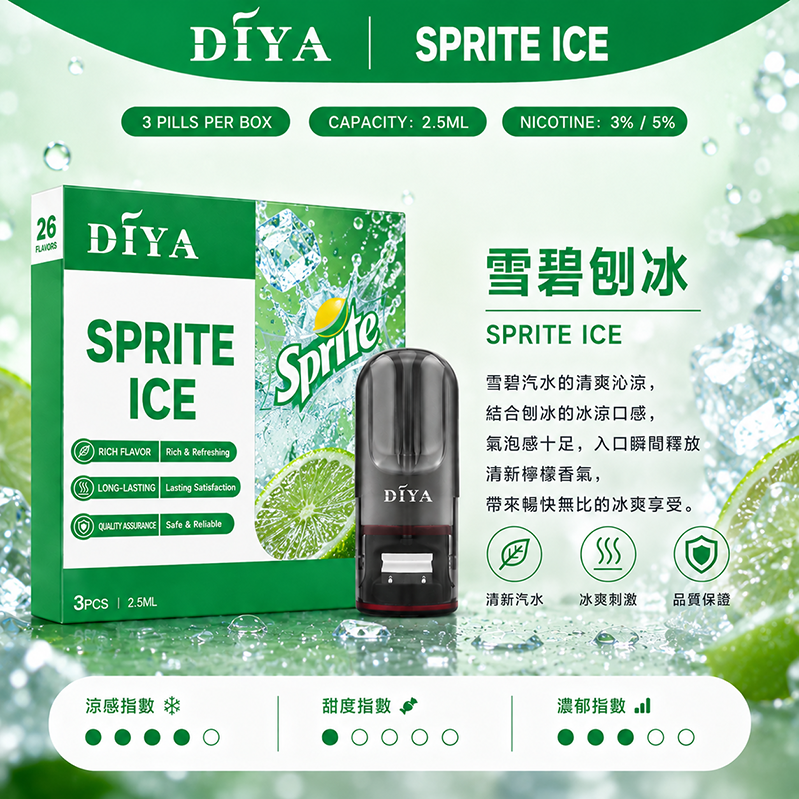 DIYA電子煙煙彈｜2.5ml*3Pod｜3%濃度｜適配一代｜防漏透明｜口味-雪碧刨冰